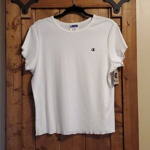 Champion White Ribbed Short Sleeve Scalloped Edge Cropped Tshirt Size XL